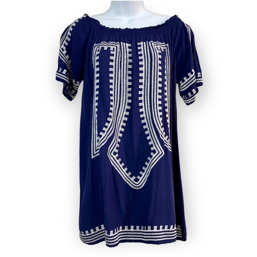 Navy Blue Embroidered Boho Hippie Geometric Cotton Blouse Tunic Medium